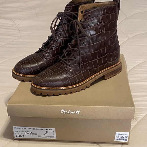 Madewell Croc Embossed Leather Boots in Dark Brown coffee - Picture 1 of 16
